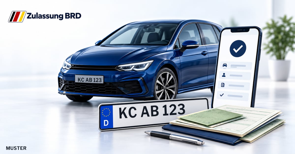 Online Fahrzeugzulassung in Landkreis Kronach: Musterkennzeichen KC AB 123, Auto und Fahrzeugpapiere und Smartphone. Illustration mit Logo von Zulassung BRD.